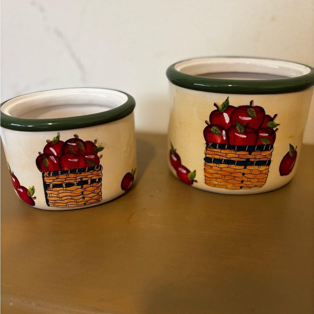 Ceramic Apple Basket Planters with Green Rim - Set of 2
